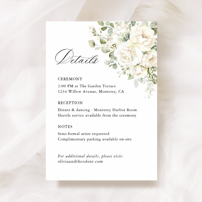 Sagegröna vita blommande bröllopsdetaljer, Ceremon Tilläggskort (Sage green white floral watercolor wedding details card, Elegant ceremony reception info stationery)