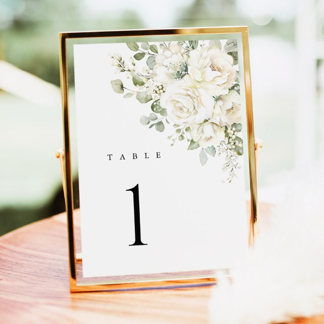 Sagegröna vita blomsterbröllopsbordnummer (Sage green white floral wedding table number, watercolor roses in gold frame for luxury reception)