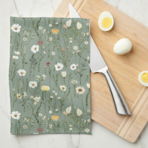 Sagegröna vita gula vildblommor Boho trendigt Kökshandduk