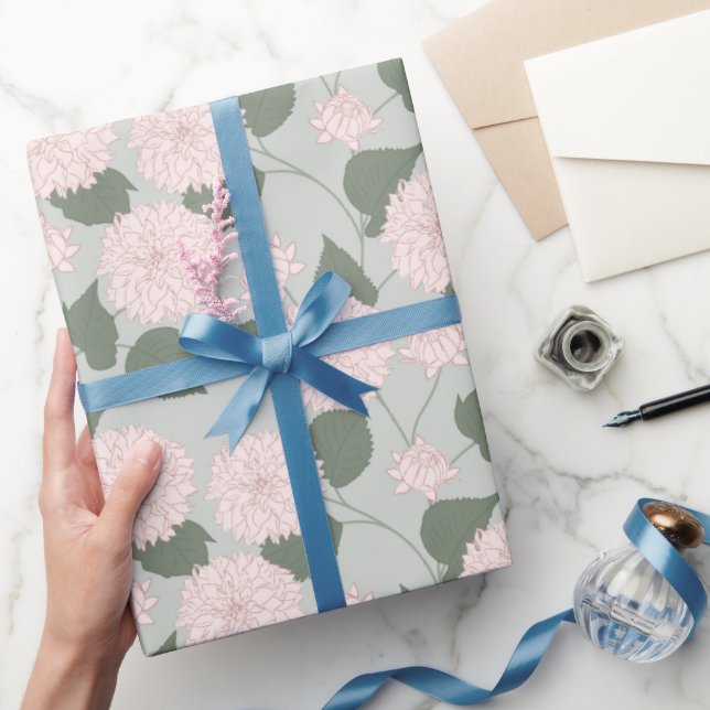 Sagegrönt dahlia blommigt inslagspapper presentpapper (Gifting)