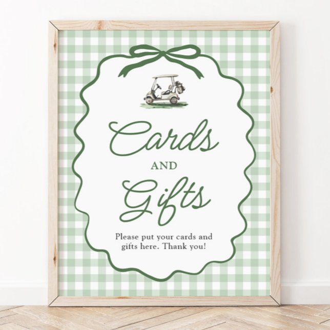 Sagegrönt Gingham-band Golfkort och present-skylt Poster (Sage Green Gingham Bow Golf Cards and Gifts Sign)