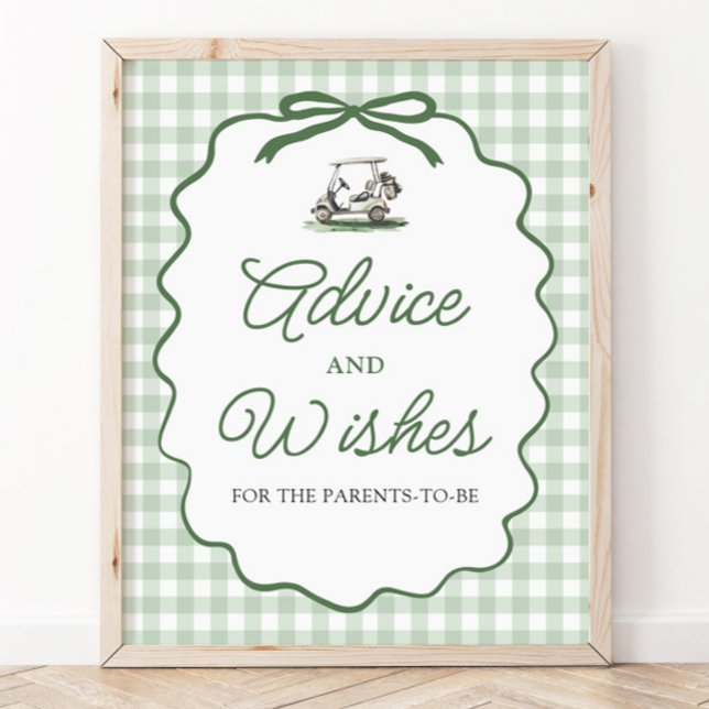 Sagegrönt Gingham-band Golfråd och önskningar skyl Poster (Sage Green Gingham Bow Golf Advice and Wishes Sign)