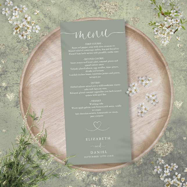 Sagegrönt hjärtskrift Bröllopsmiddag Meny (Sage Green Heart Script Wedding Dinner Menu)