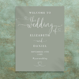 Sagegrönt hjärtskrift Bröllopsväxkomstskylt Poster