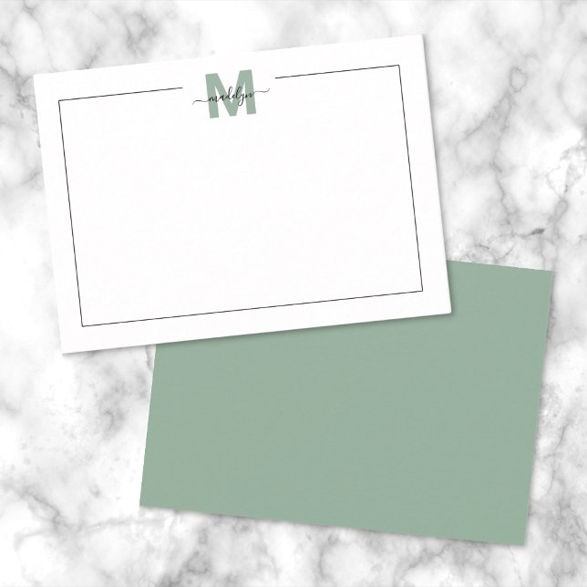 Sagegrönt minimalistiskt monogram med skrivstil anteckningskort (Green Script Minimalist Name Monogram Note Card)