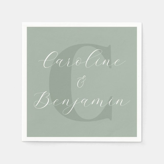 Sagegrönt monogram med namn i skrivstil - elegant  pappersservett (Framsidan)