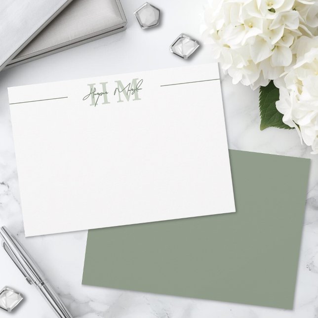 Sagegrönt namnmonogram i skrivstil anteckningskort (Sage Green Script Name Monogram Note Card)