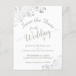 Sagegrönt på vit spetsig bröllops-spara-datum meddelande vykort