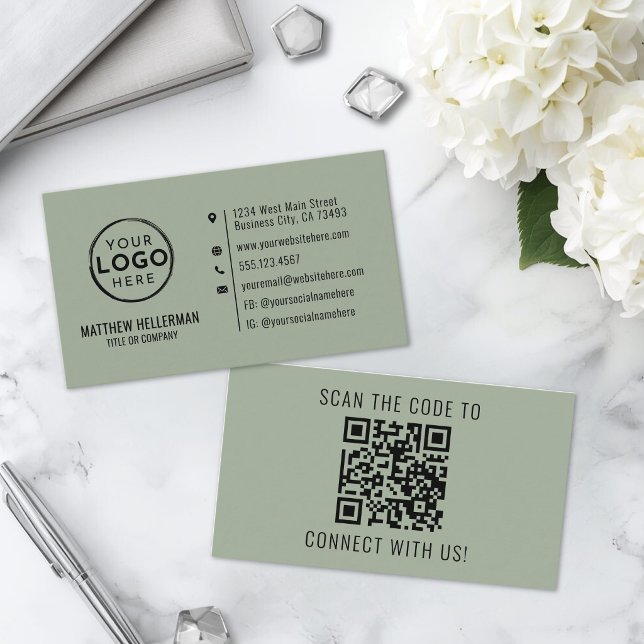 Sagegrönt Professionellt Minimalistiskt QR-kodlogo Visitkort (Sage Green Professional Minimalist QR Code Logo Business Card )