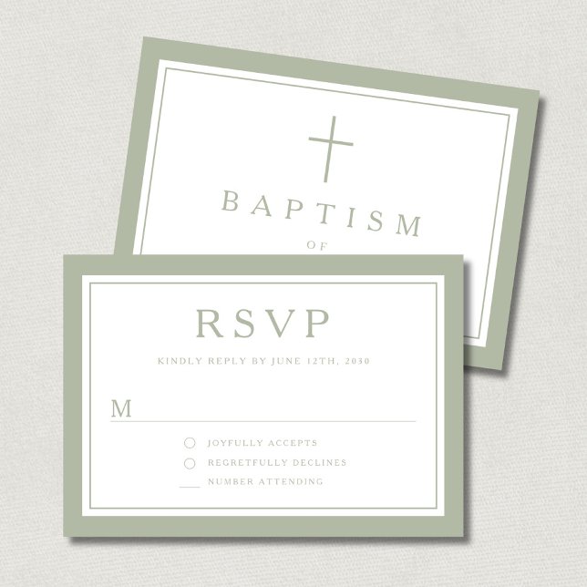 Sagegrönt religiöst kors pojke dop  OSA kort (Sage Green Religious Cross Boy Baptism RSVP Card)
