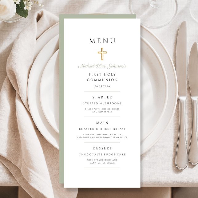 Sagegrönt religiöst kors pojke första nattvarden meny (Sage Green Religious Cross Boy First Communion Menu)