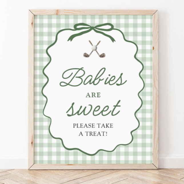 Sagegrönt Rutigt Band Golfbabyer är Söta Skylt (Sage Green Gingham Bow Golf Babies are Sweet Sign)
