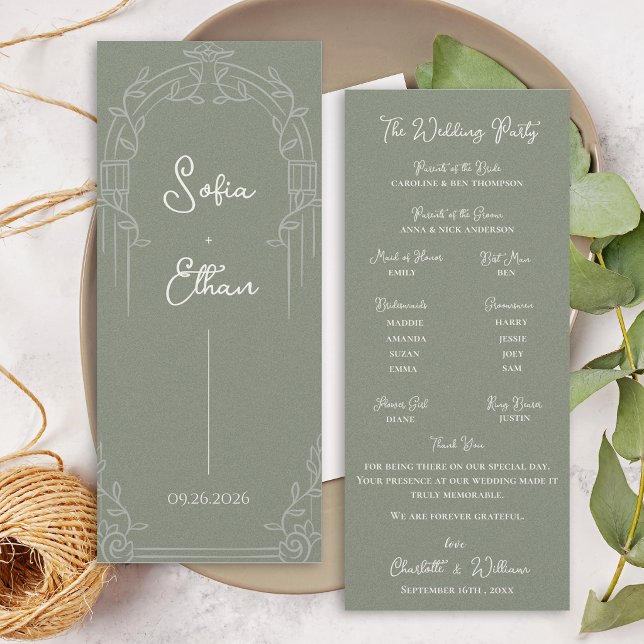 Sagegrönt utsmyckat välv botaniskt bröllopsprogram inbjudningar (Elegant Sage Green Ornate Arch Botanical Wedding Program Card)