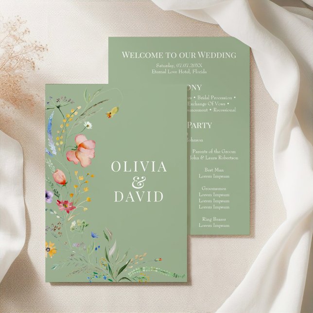 Sagegrönt vildblommigt bröllopsprogram inbjudningar (Sage Green Wildflower Wedding Program on a silk tablecloth with dry botanicals.)