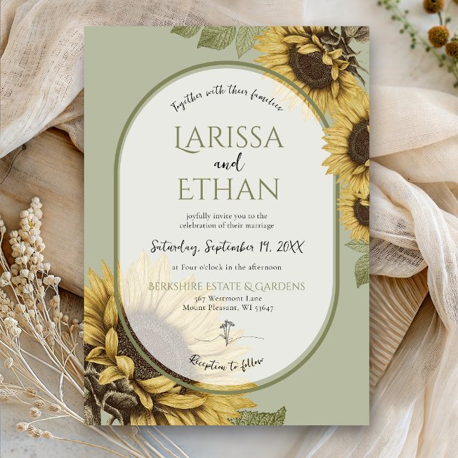Sagegrönt Vintage Solros Enkel Höstbröllop Inbjudningar (Vintage sunflower sage green gold brown modern fall botanical wildflower QR code wedding invitation)