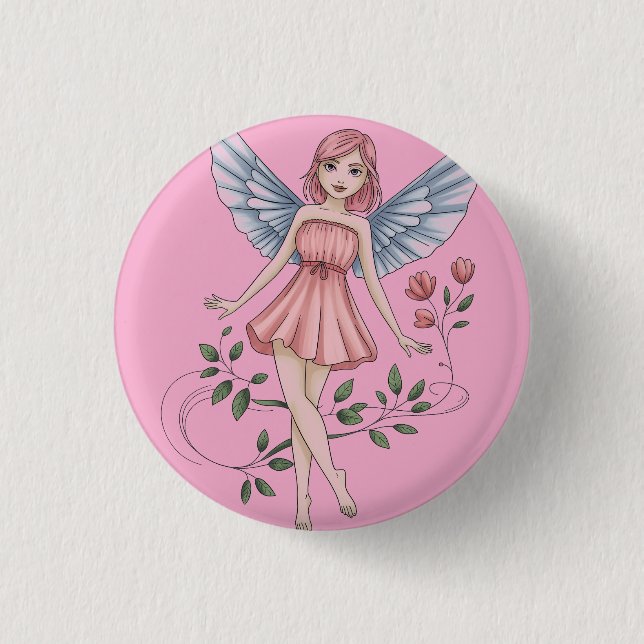 Sagillustration med rosa klänning och vingar knapp (Framsida)