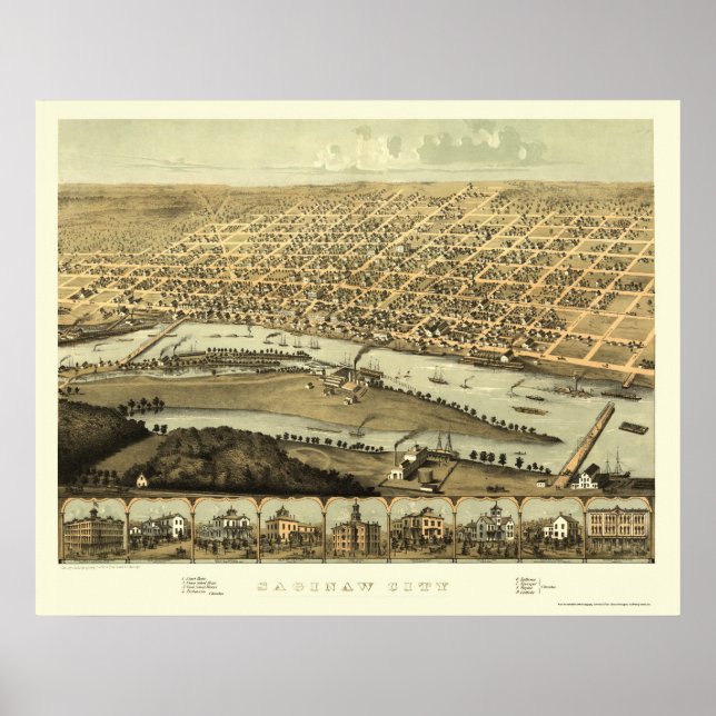 Saginaw, MI Panoramic Karta - 1867 Poster (Framsidan)