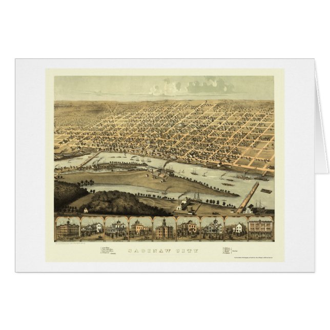 Saginaw panorama- karta för MI - 1867 Hälsningskort (Framsidan Horizontal)