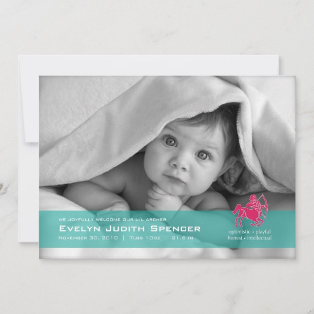 Sagittarius, Archer Photo Birth-annonsen Meddelande (Framsida)