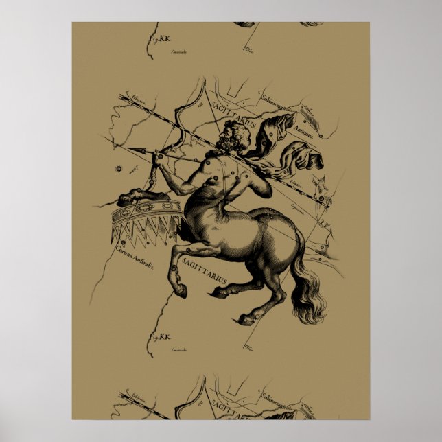 Sagittarius Constellation Karta Engrave Hevelius Poster (Framsidan)