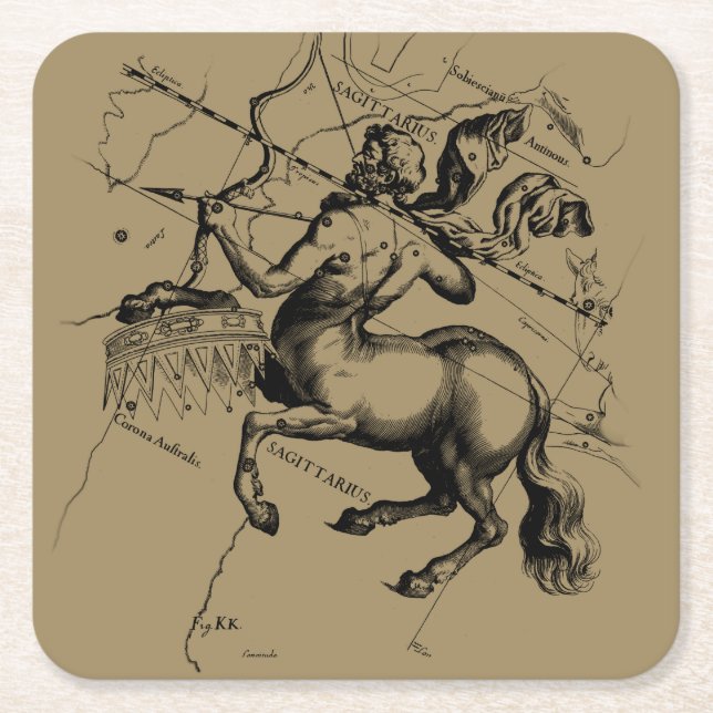 Sagittarius Constellation Karta Hevelius 1690 Underlägg Papper Kvadrat (Framsidan)