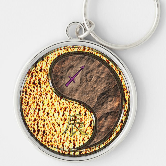 Sagittarius & Earth Dragon Rund Silverfärgad Nyckelring (Framsidan)