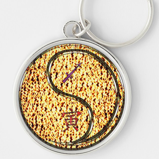 Sagittarius & Fire Tiger Rund Silverfärgad Nyckelring (Framsidan)