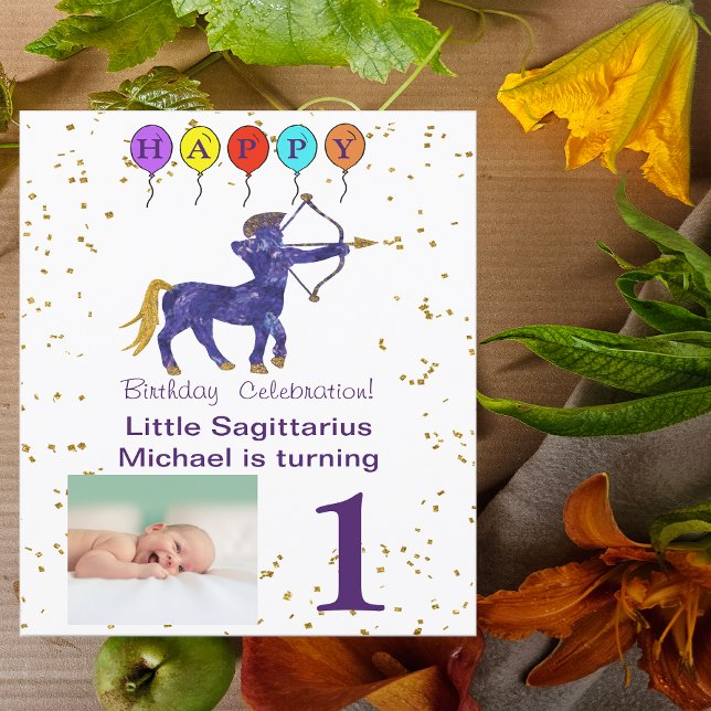 Sagittarius Första födelsedag Guld & Balloons Inbjudningar (Skapare uppladdad)