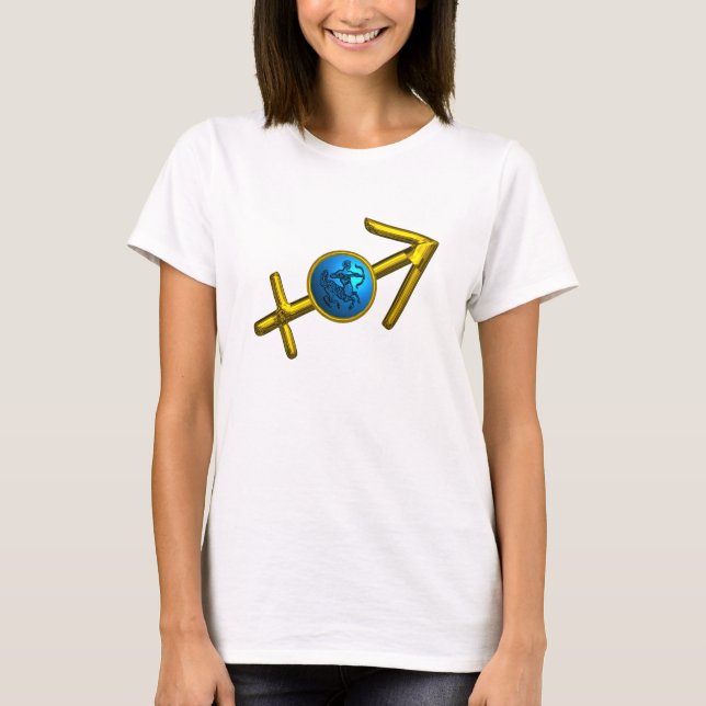 SAGITTARIUS, GULD BLUE ZODIAC BIRTHDAY SIGN JEWEL T-SHIRT (Framsida)