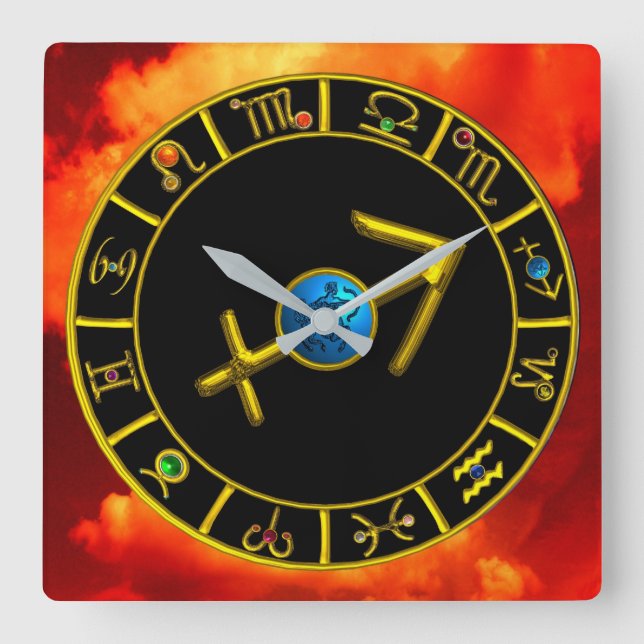 SAGITTARIUS Guld Blue Zodiac Jewel Astrology Diagr Fyrkantig Klocka (Framsida)