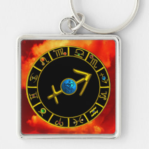 SAGITTARIUS Guld Blue Zodiac Jewel Astrology Diagr Fyrkantig Silverfärgad Nyckelring