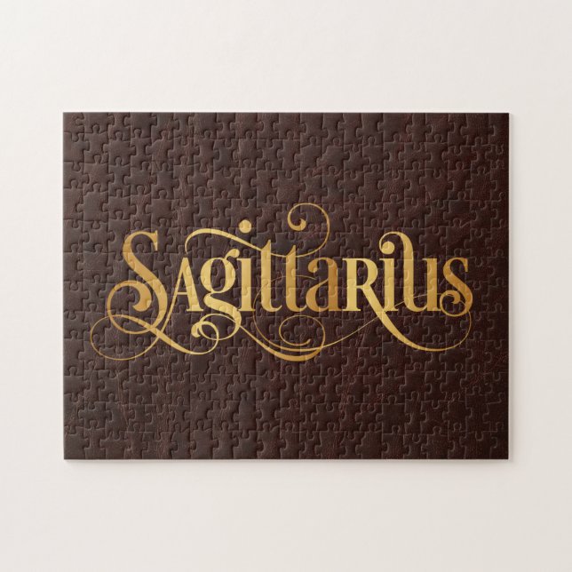 Sagittarius Swirly Script Guld på läder Pussel (Horisontell)