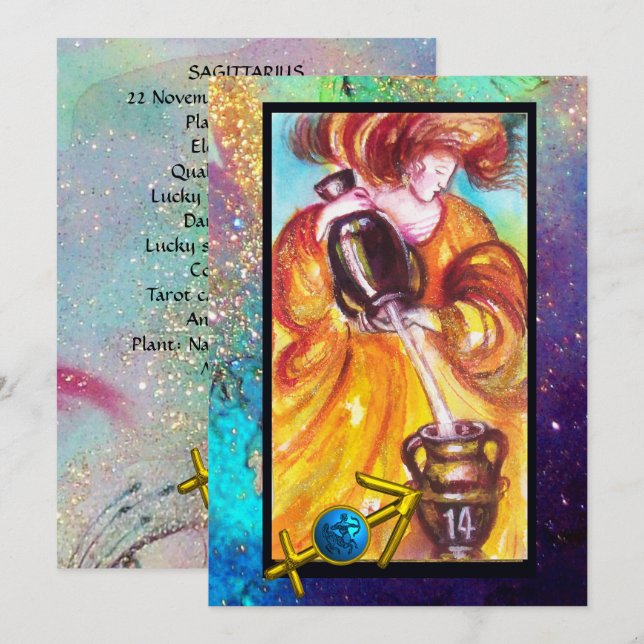 SAGITTARIUS, TEMPERANCE TAROT ZODIAC BIRTHDAY CARD KORT (Fram/baksida)