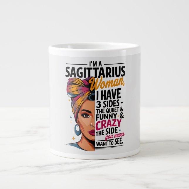 Sagittarius Woman med tre sider Funny Gift Jumbo Mugg (Framsidan)
