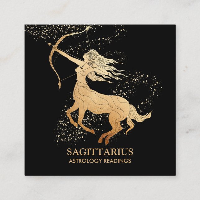 *~* SAGITTARIUS Zodiac Astrology Läsning på svart Fyrkantigt Visitkort (Framsida)