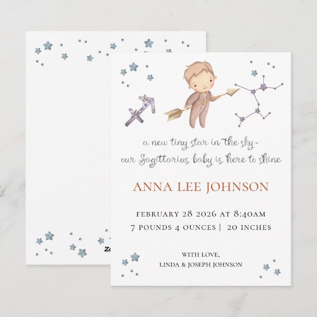 Sagittarius Zodiac Birth Announcement Julkort (Fram/baksida)