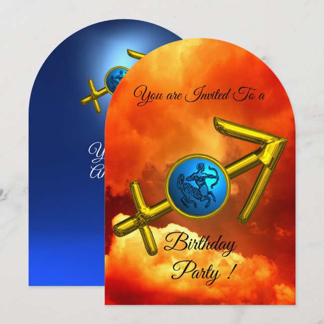 SAGITTARIUS Zodiac Birthday Guld Blue, Fire Clouds Inbjudningar (Fram/baksida)