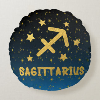 Sagittarius Zodiac Blue och Guld Round Pillow Rund Kudde