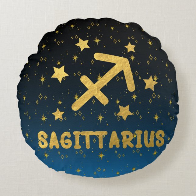 Sagittarius Zodiac Blue och Guld Round Pillow Rund Kudde (Framsidan)
