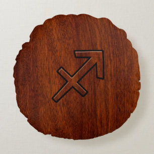 Sagittarius Zodiac Logga in Mahogany Wood Stil Rund Kudde
