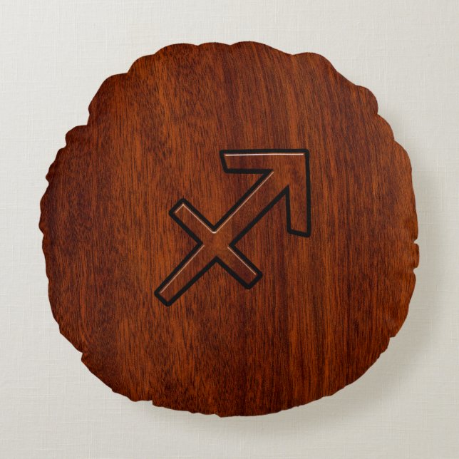 Sagittarius Zodiac Logga in Mahogany Wood Stil Rund Kudde (Framsidan)