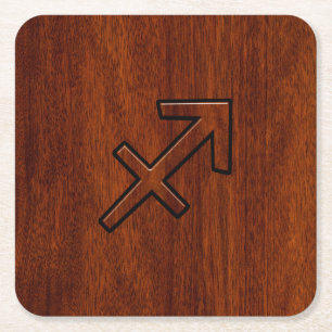 Sagittarius Zodiac Logga in Mahogany Wood Stil Underlägg Papper Kvadrat