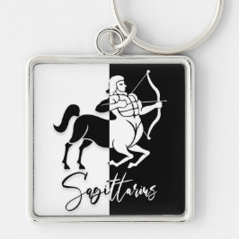 Sagittarius Zodiac Sign, Black & White Keychain Fyrkantig Silverfärgad Nyckelring