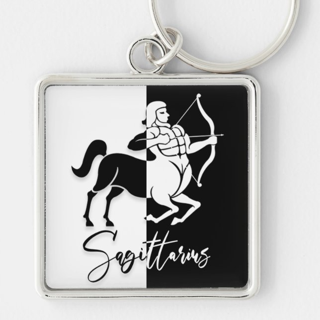 Sagittarius Zodiac Sign, Black & White Keychain Fyrkantig Silverfärgad Nyckelring (Framsidan)