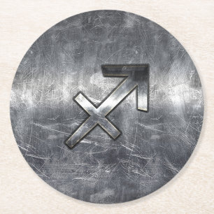 Sagittarius Zodiac Sign in Silver Steel look Underlägg Papper Rund