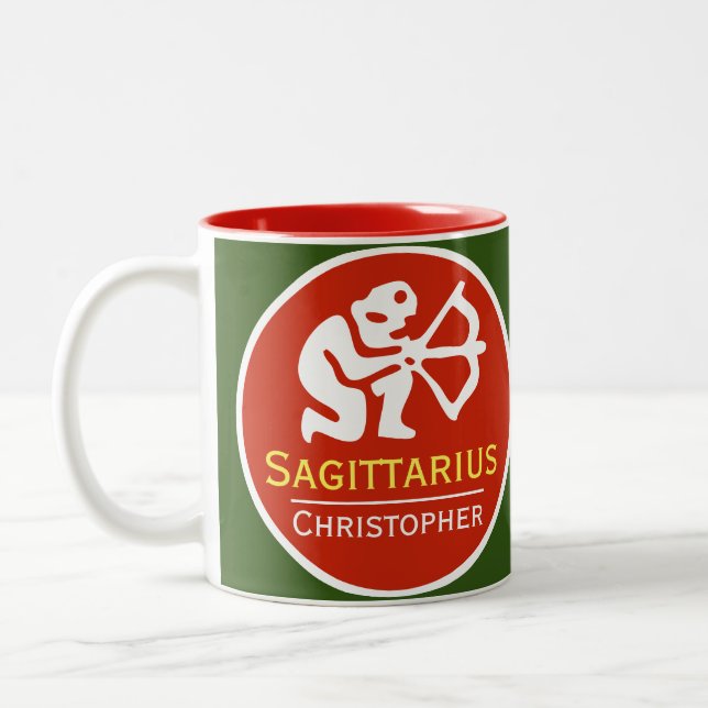 Sagittarius Zodiac-Stjärntecken med Owners Namn Två-Tonad Mugg (Vänster)