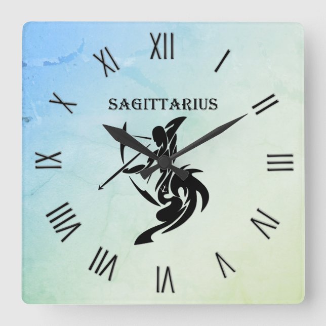 Sagittarius Zodiac Symbol Blue Grönt Numerals Fyrkantig Klocka (Framsida)