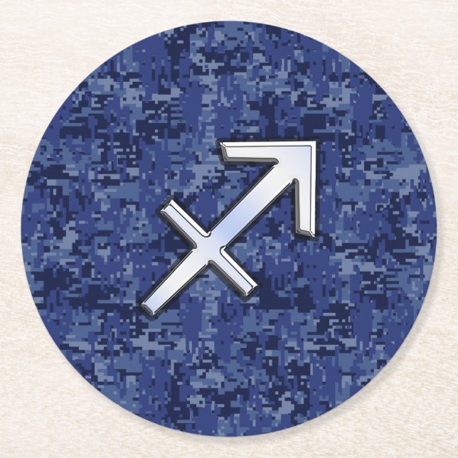Sagittarius Zodiac Symbol NavyDigital Camouflage Underlägg Papper Rund (Framsidan)