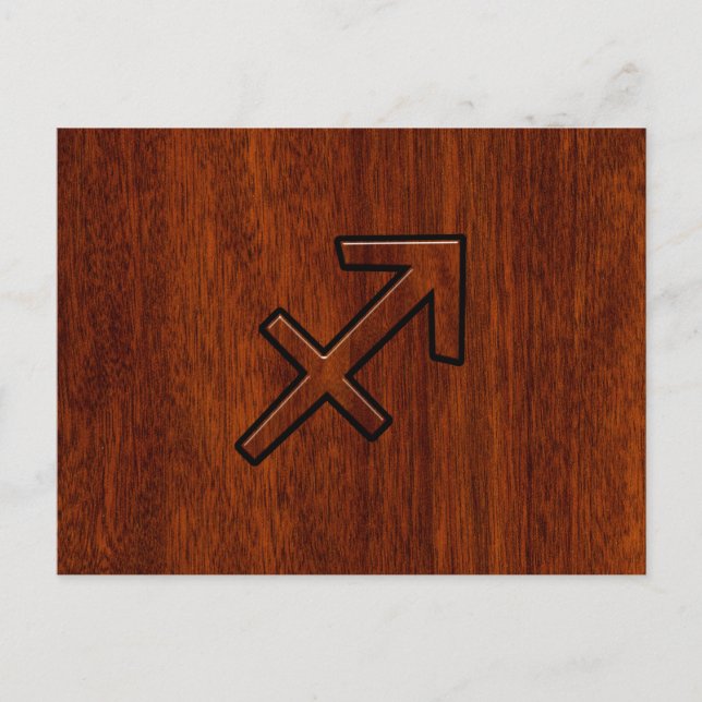 Sagittarius Zodiac Symbol på Mahogany Wood Decor Vykort (Framsida)