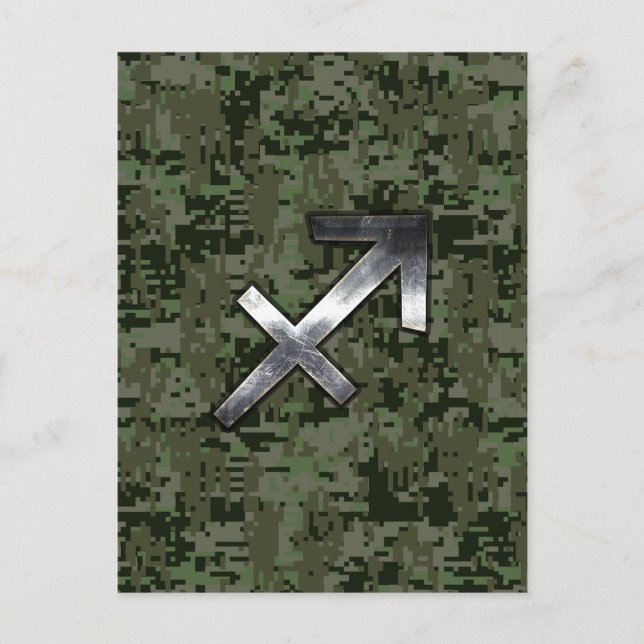 Sagittarius Zodiac Symbol på Woodland Digital Camo Vykort (Framsida)